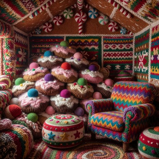 Yarn Gingerbread House Scene — free Maximalist Yarn Rooms knitted art print