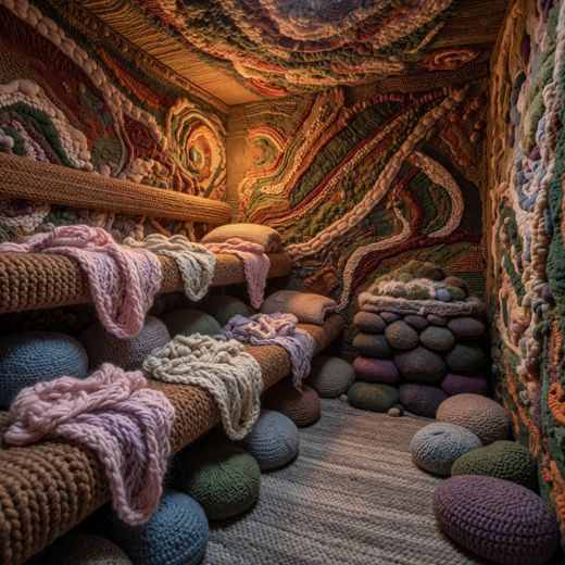 Yarn Rustic Loft Scene — free Maximalist Yarn Rooms knitted art print