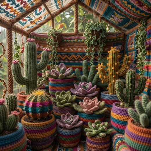 Crocheted Cactus Greenhouse Scene — free Maximalist Yarn Rooms knitted art print