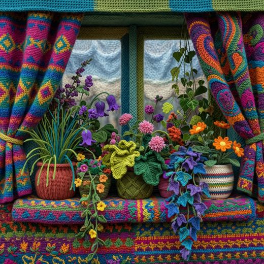 Crocheted Flower Filled Windowsill — free Maximalist Yarn Rooms knitted art print