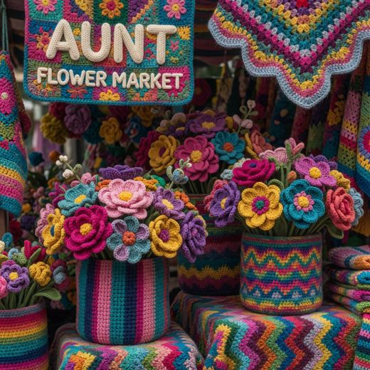 Crocheted Flower Market Stall — free Maximalist Yarn Rooms knitted art print