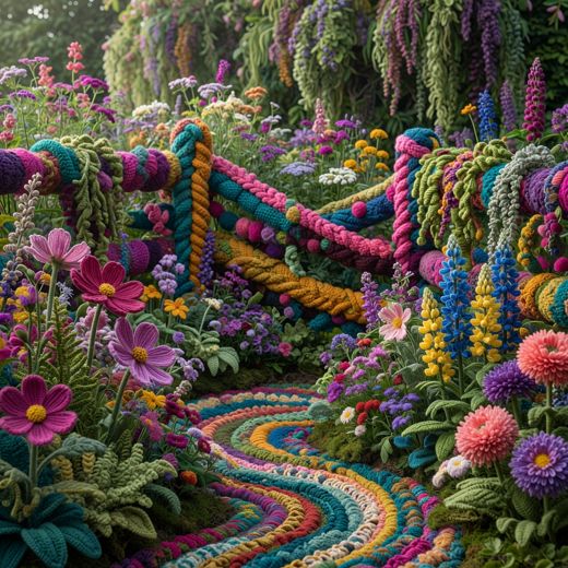 Crocheted Garden Path Scene — free Maximalist Yarn Rooms knitted art print