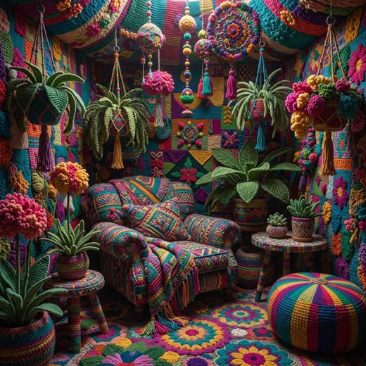 Crocheted Hanging Plant Room — free Maximalist Yarn Rooms knitted art print