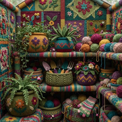 Crocheted Potted Plant Shelf — free Maximalist Yarn Rooms knitted art print