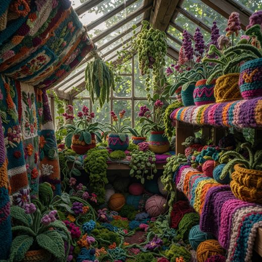 Yarn Bombed Greenhouse Plants Scene — free Maximalist Yarn Rooms knitted art print