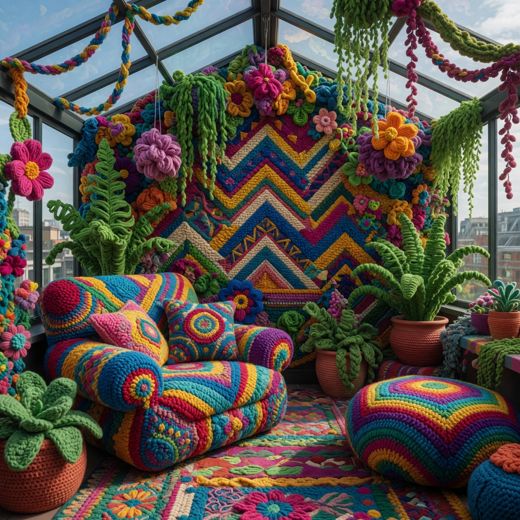 Yarn Greenhouse Flower Patio — free Maximalist Yarn Rooms knitted art print