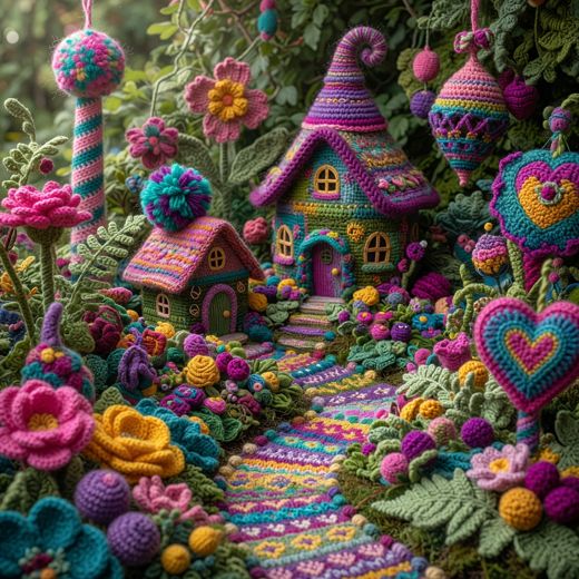 Crocheted Fairy Garden Cottage — free Maximalist Yarn Rooms knitted art print