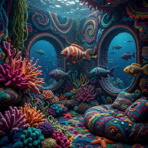 Crocheted Underwater Aquarium Scene — free Maximalist Yarn Rooms knitted art print