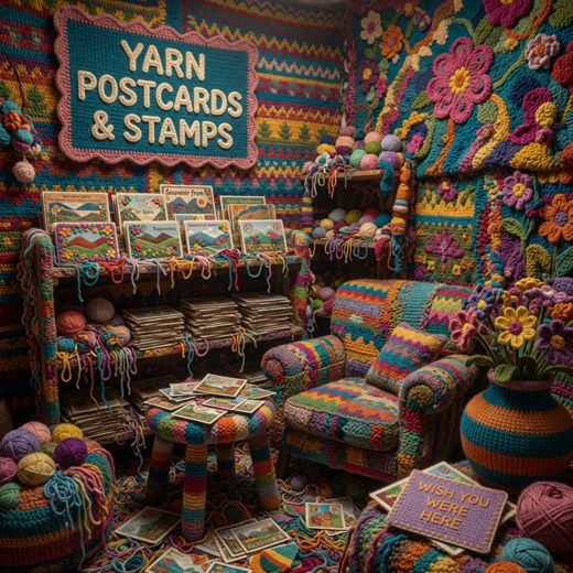 Crocheted Postcard Stamp Shop — free Maximalist Yarn Rooms knitted art print