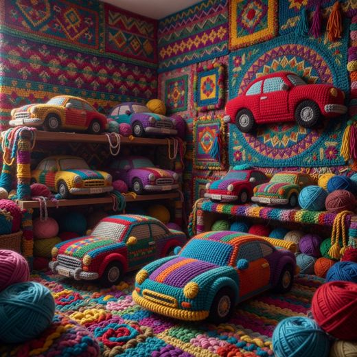 Crocheted Toy Car Display Room — free Maximalist Yarn Rooms knitted art print
