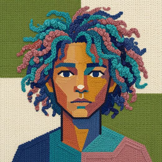 Curly Blue Haired Person — free Mixed Portrait Studies knitted art print
