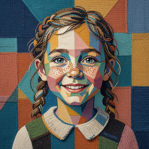 Freckled Girl With Braids — free Mixed Portrait Studies knitted art print