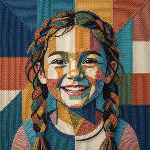 Smiling Braided Hair Girl — free Mixed Portrait Studies knitted art print