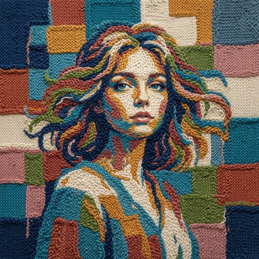 Wavy Haired Woman Portrait — free Mixed Portrait Studies knitted art print