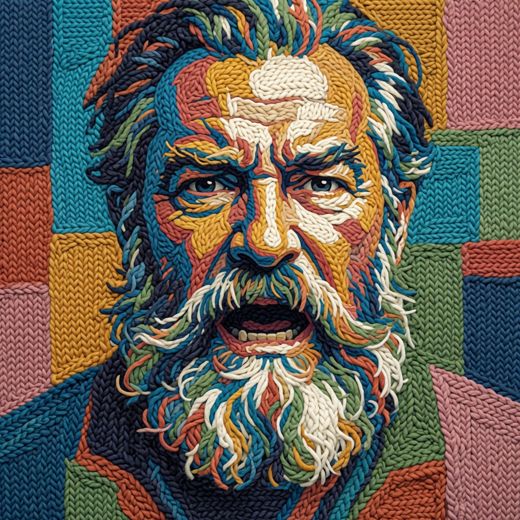Wild Bearded Man Shouting — free Mixed Portrait Studies knitted art print