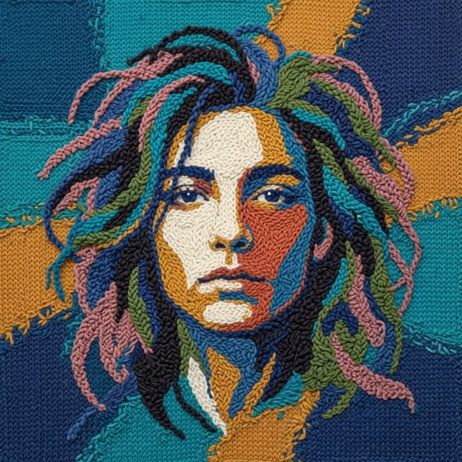 Woman Wild Hair Portrait — free Mixed Portrait Studies knitted art print
