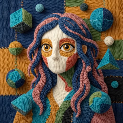 Woman With Floating Spheres — free Mixed Portrait Studies knitted art print