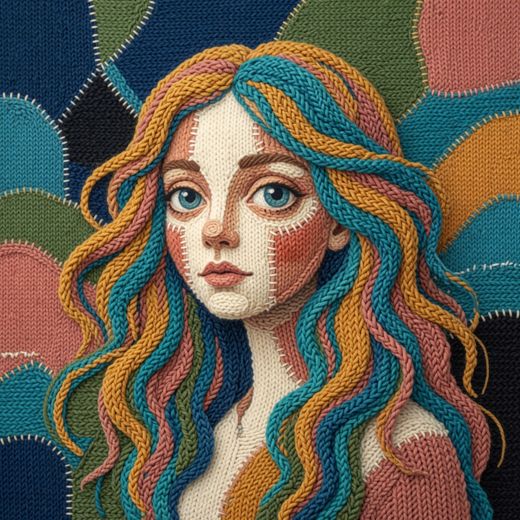 Young Woman Long Hair — free Mixed Portrait Studies knitted art print