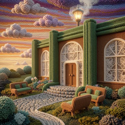 Grand Building Facade Entrance — free Scenes & Villages knitted art print