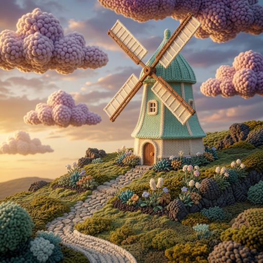Hillside Windmill — free Scenes & Villages knitted art print