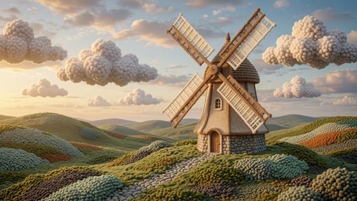 Windmill In Open Field — free Scenes & Villages knitted art print
