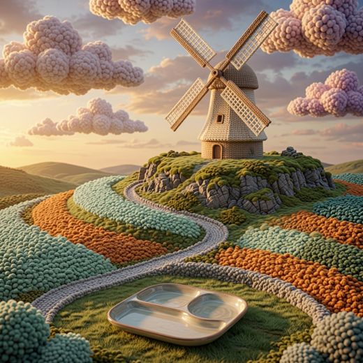 Windmill On Hillside — free Scenes & Villages knitted art print