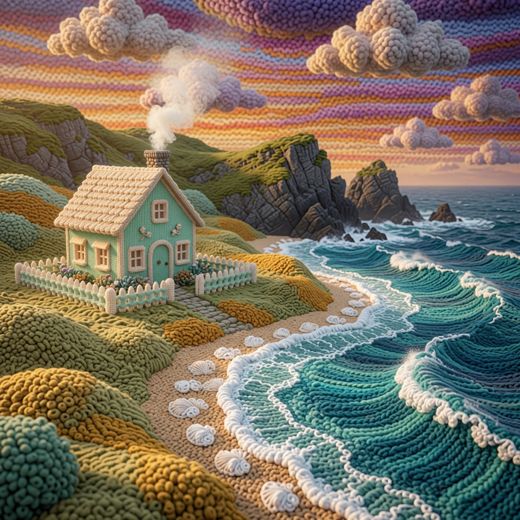 Cliffside Cottage By Sea — free Scenes & Villages knitted art print