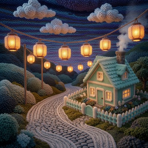 Cottage At Night With Lanterns — free Scenes & Villages knitted art print