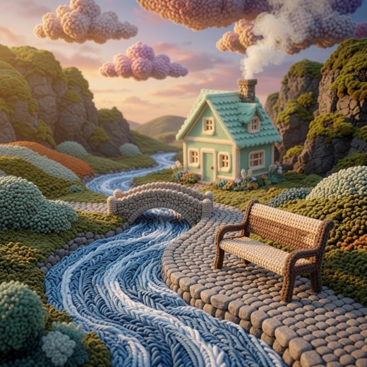 Cottage By Stream With Bench — free Scenes & Villages knitted art print