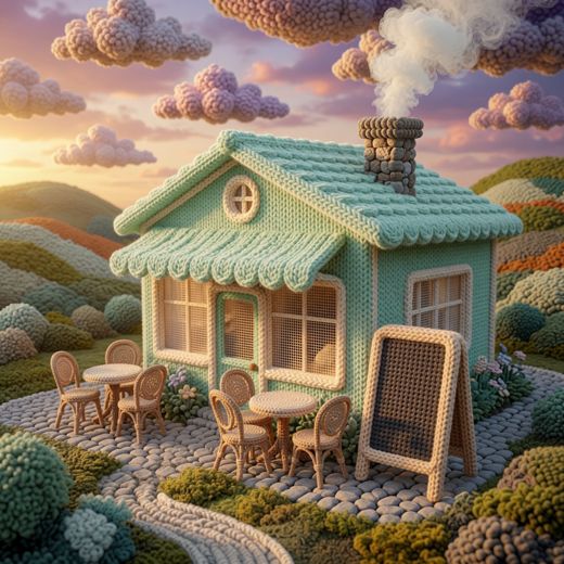 Cottage With Cafe Tables — free Scenes & Villages knitted art print