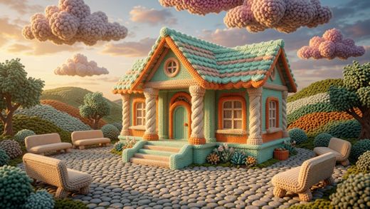 Cottage With Garden Benches — free Scenes & Villages knitted art print
