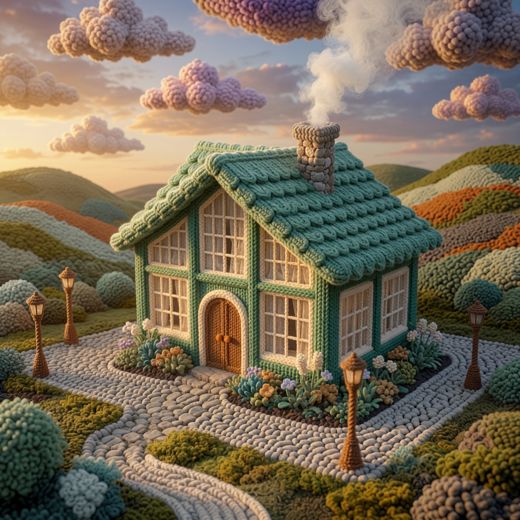 Cottage With Garden Chimney — free Scenes & Villages knitted art print