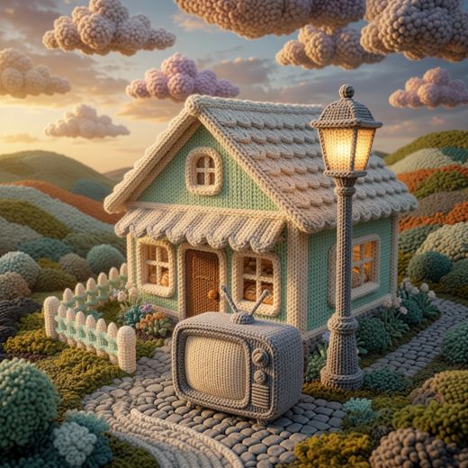 Cottage With Lamp Post — free Scenes & Villages knitted art print