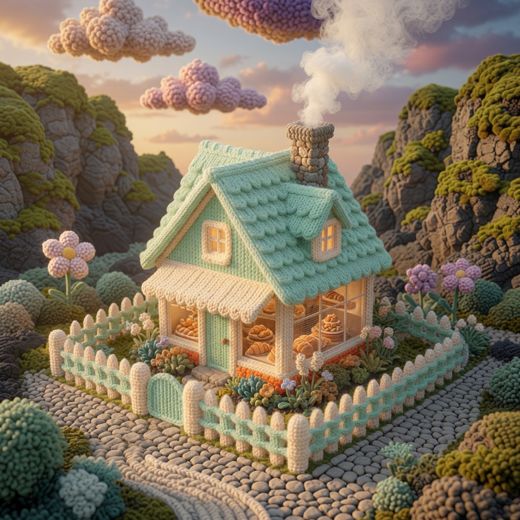 Cottage With Mountain Backdrop — free Scenes & Villages knitted art print