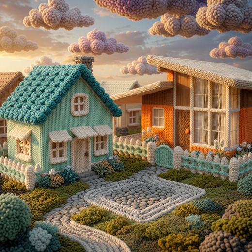 Cottage With Neighboring House — free Scenes & Villages knitted art print
