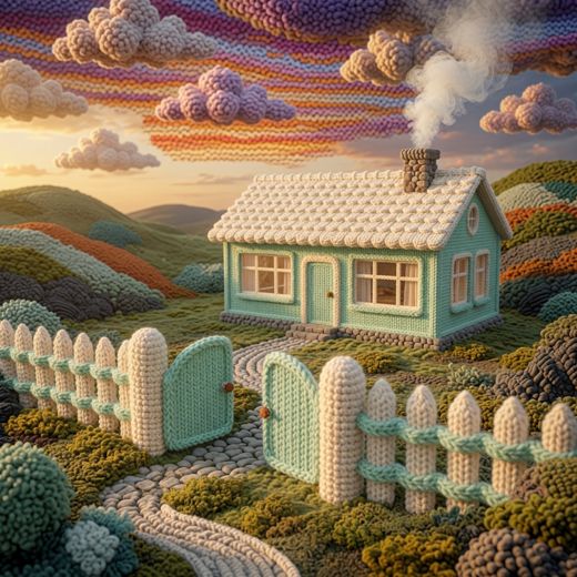 Cottage With Picket Fence — free Scenes & Villages knitted art print