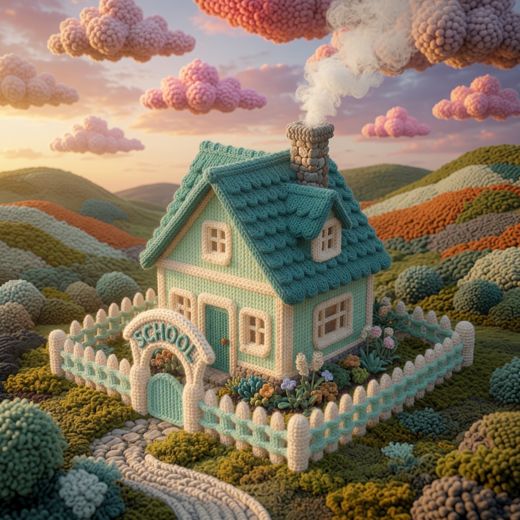 Cottage With Smoking Chimney — free Scenes & Villages knitted art print