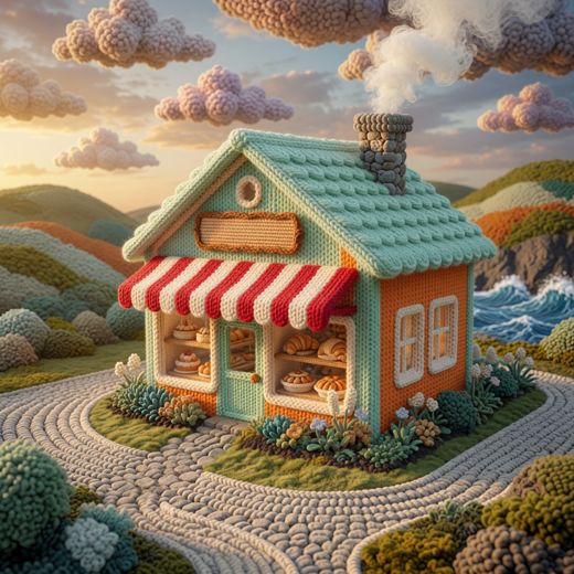 Cottage With Striped Awning Waterside — free Scenes & Villages knitted art print