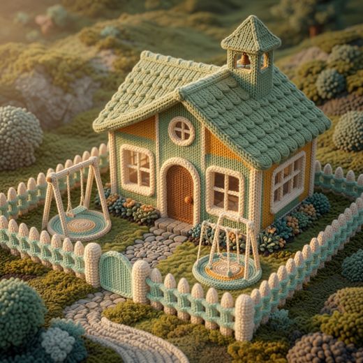 Cottage With Swing Set — free Scenes & Villages knitted art print