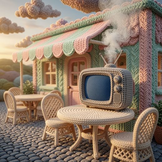 Cottage With Tv And Awning — free Scenes & Villages knitted art print