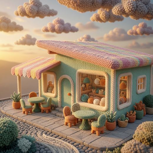 Pastel Cottage Storefront — free Scenes & Villages knitted art print
