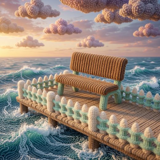 Bench On Ocean Pier — free Scenes & Villages knitted art print