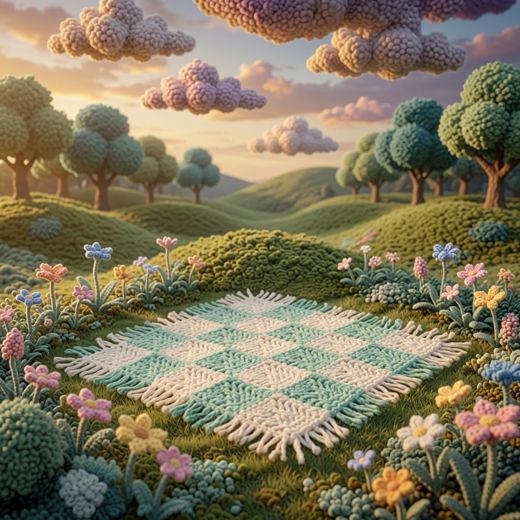 Checkered Blanket In Meadow — free Scenes & Villages knitted art print