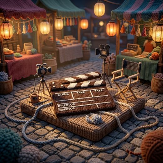 Film Clapperboard And Camera — free Scenes & Villages knitted art print