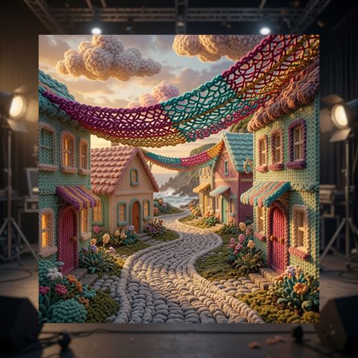 Film Set With Clapperboard — free Scenes & Villages knitted art print