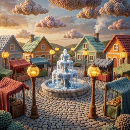 Fountain Plaza With Houses — free Scenes & Villages knitted art print