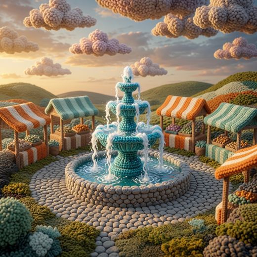 Fountain Plaza With Market Stalls — free Scenes & Villages knitted art print