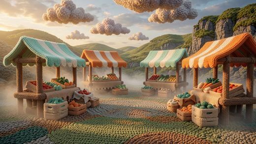 Misty Market Stalls — free Scenes & Villages knitted art print