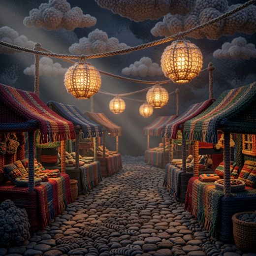 Night Cobblestone Market Alley — free Scenes & Villages knitted art print