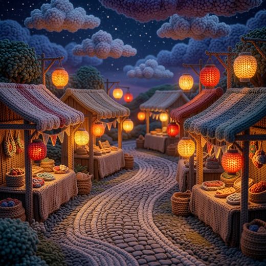 Night Market Stalls Lanterns — free Scenes & Villages knitted art print